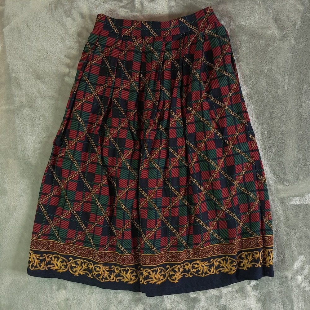 Vtg Koret Petites Plaid Midi Skirt Womens 10P Red Green Gold Chain Equestrian